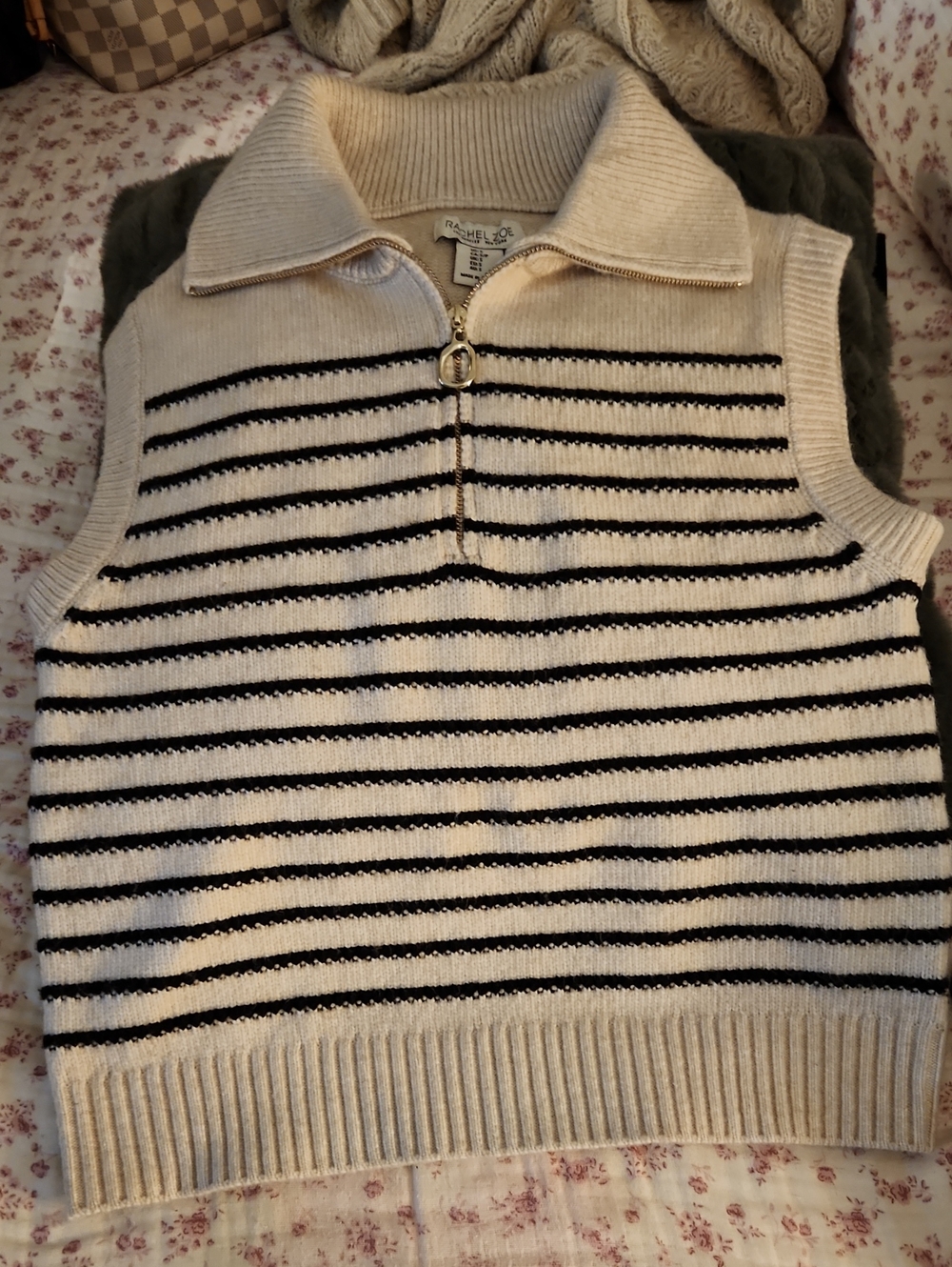 Rachel Zoe Cream and Black Striped Half-Zip Mock Collar Sweater Tank
